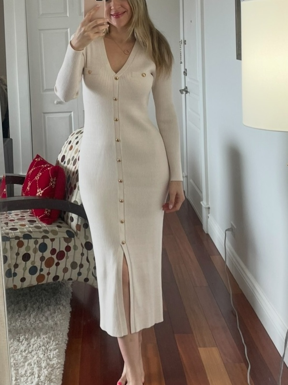 Evernew Cream Long Sleeve Midi Sweater Dress with Buttons Size 6